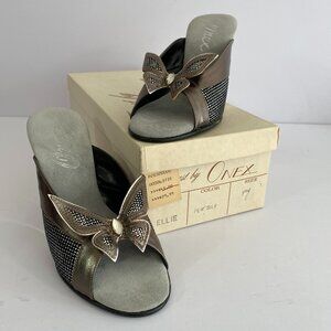 Vintage Onex Ellie Butterfly Wedge Sandals Womens US 7 Silver Pewter
